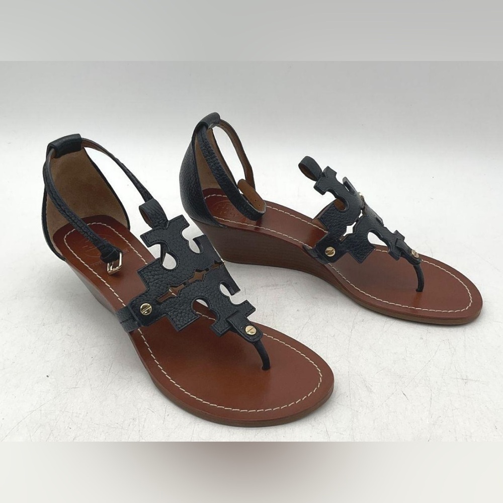 Tory Burch Black Leather Wedge Sandals - Picture 3 of 5